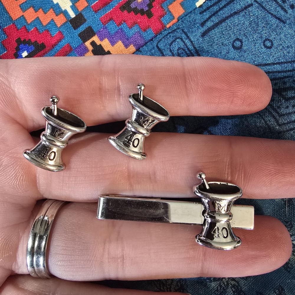 VINTAGE Silver Drum Cufflinks and Tie Clip Set